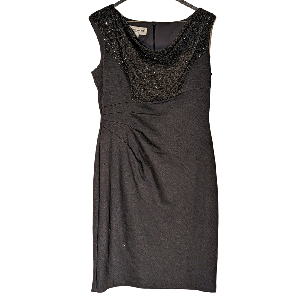 Donna Ricco grey dress with sparkly top, draping. Size 10.
